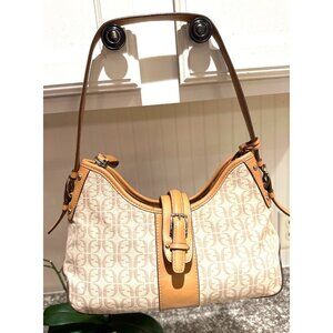 Fossil Beige Logo Canvas & Tan Leather Buckle Strap Shoulder Bag 12"x7"x3"